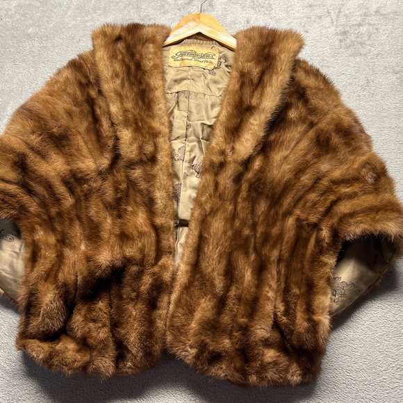 Vintage real mink fur stole shawl brown Gittelmans sons W/pockets